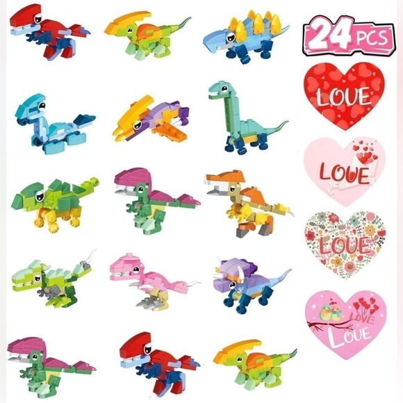 24 Pack Dinosaur Building Blocks Valentine’s Day Gifts For Kids With Stickers - Picture 1 of 8